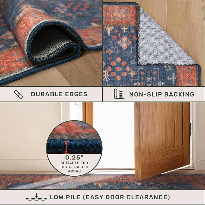 Navy Blue Runner Rug 2x7 for Kitchen, Hallway, Mudroom, Laundry Room, Bathroom, Washable Non Slip Non Skid Rubber Backing Low Pile Stain Resistance