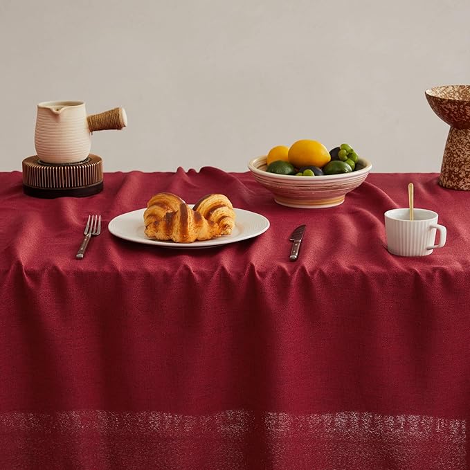 Linen Tablecloth for Square Table, 52x52 Inch Burgundy, Farmhouse Style Red Tablecloth, Water Resistant Burlap Tablecloths for Dining Table Farmhouse Kitchen