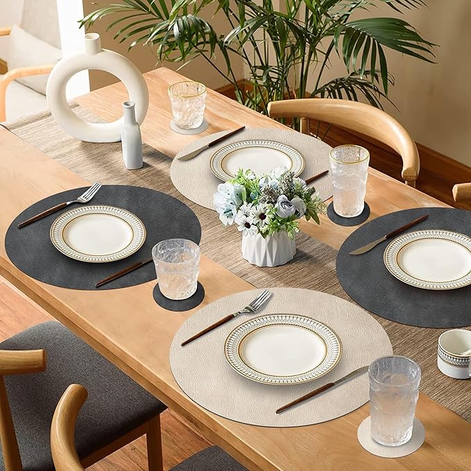 Round Placemats and Coasters Set of 8, Washable Reversible Faux Leather Placemats Cowhide Pattern Place Mats Wipeable Non-Slip 15 inch Round Kitchen Dining Table Mats (Gray Beige, 8)