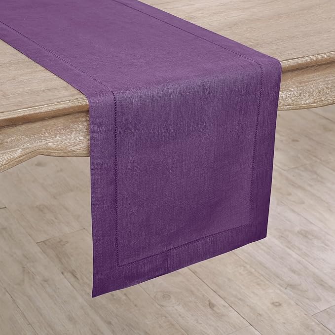 Solino Home Linen Purple Table Runner 60 Inches - Classic Hemstitch, 100% Pure Linen Coffee Table Runner 14 x 60 Inch Ideal for Dresser Tables - Spring, Easter, Valentines