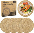 Elcoho 4 Pieces Round Woven Placemats 12 Inch Boho Rattan Placemats Farmhouse Braided Place Mats Woven Plate Chargers Rustic Wicker Table Mats for Dining Table