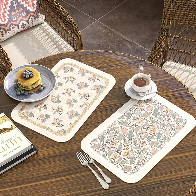 ISAENNE Designer PVC Placemats Set of 6,Rectangular Floral Placemat, Waterproof and Heat-Resistant,Decoration for Kitchen, Dining, Party,Holiday, New Year,12"*17"