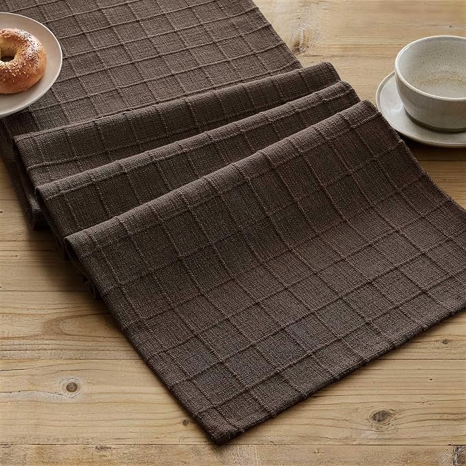 Artisanal Grid Linen Table Runner, 13x60 Inches Chocolate | Heavy Textured - Image 2