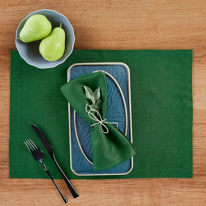 Solino Home Linen Cloth Placemats Set of 4 - 100% Pure Linen Pine Green Placemats 14 x 19 Inch - Fete