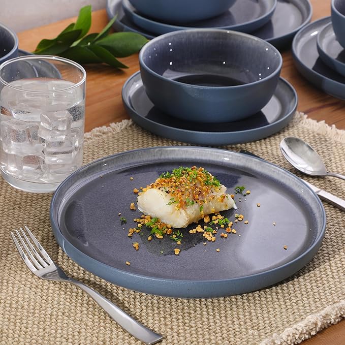 Gibson Elite Tahoe Sunset 12-Piece Reactive Stoneware Dinnerware Set – Matte Exterior & Shiny Interior Plates and Bowls, Durable Everyday Dish Set, Microwave & Dishwasher Safe - Blue