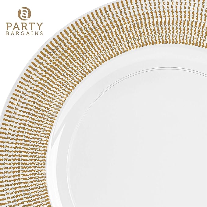 PARTY BARGAINS 13-Inch Charger Plates - 48 Pack, Clear Gold Textured Rim, Heavy-Duty Disposable Chargers for Elegant Dining - Ideal for Weddings and Formal Events