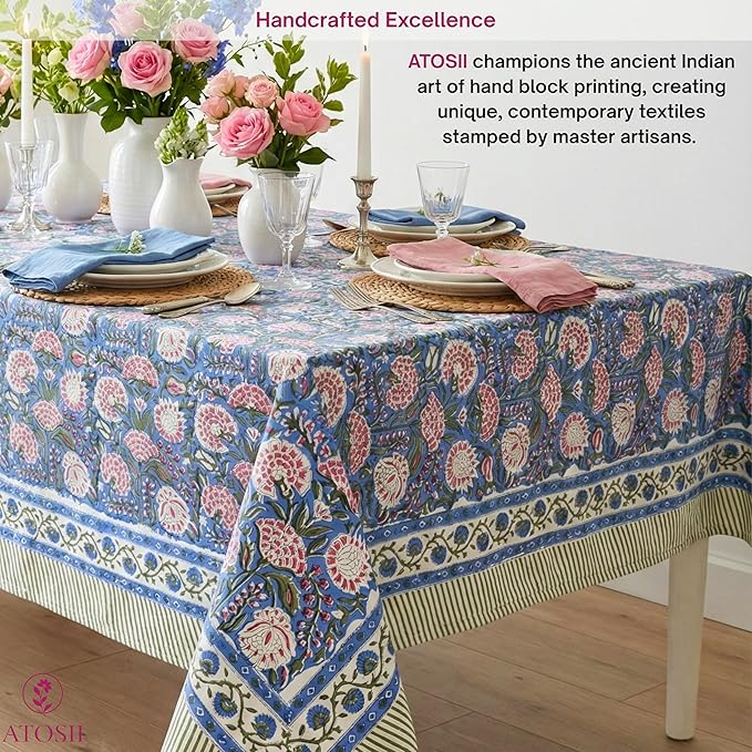 ATOSII Clover Pink 100% Cotton Fall Tablecloth, Handblock Print Rectangle Table Cover for Kitchen Dining Linen I Parties, Weddings, Outdoors, Easter Table Cloth Decor 60 X 108 Inches I 8 Seater