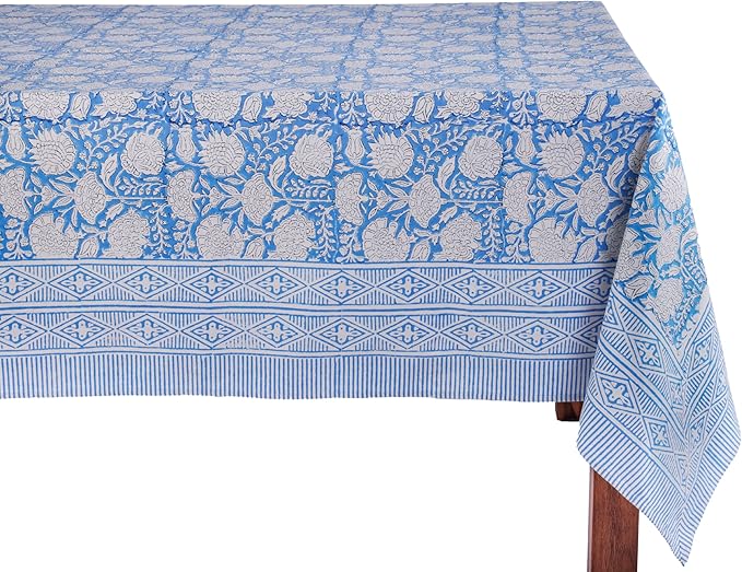 ATOSII Azora Blue 100% Cotton Rectangle Fall Tablecloth, Handblock Floral Print Linen Table Cloth for Kitchen Dining I Parties, Outdoors, Christmas, Thanksgiving I 72 X 108 Inches I 8 Seater