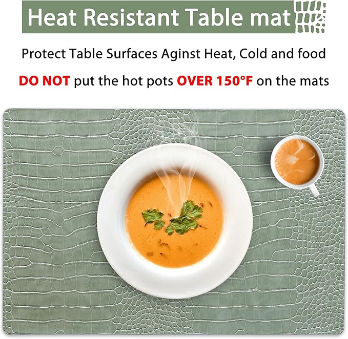 Jovono Faux Leather Placemats Set of 6, Waterproof Heat Resistant Dinner Place Mats for Dining Table, Non-Slip Crocodile Embossed, Green (17.8x11.8 Inch)