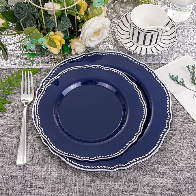 Hioasis 60pcs Blue Plastic Plates - Blue and Silver Disposable Dinnerware with Gold Rim, Heavy-duty, 7.5 inch, Dessert Plates for Party & Christmas