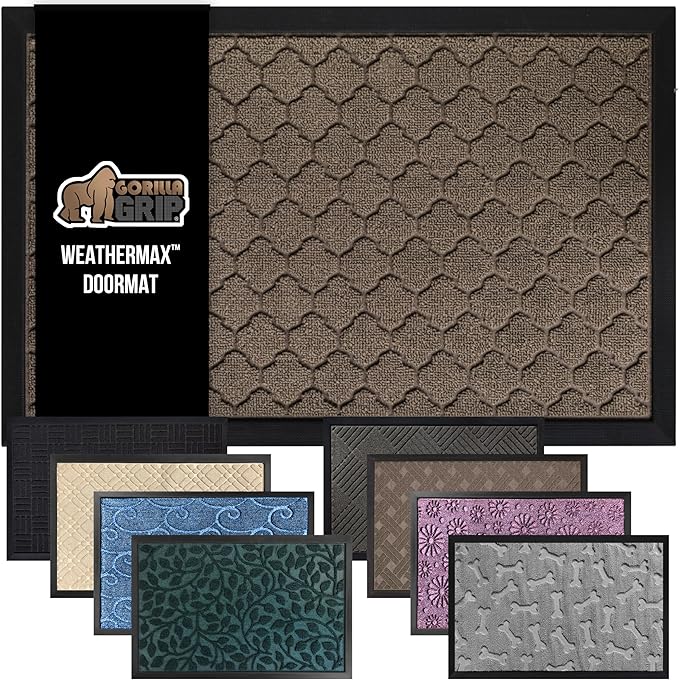 GORILLA GRIP 100% Waterproof All-Season WeatherMax Doormat 35x23, US Designed Natural Rubber, Stain and Fade Resistant, Low Profile Indoor Outdoor Door Mats, Easy Clean Patio Mat, Beige Quatre