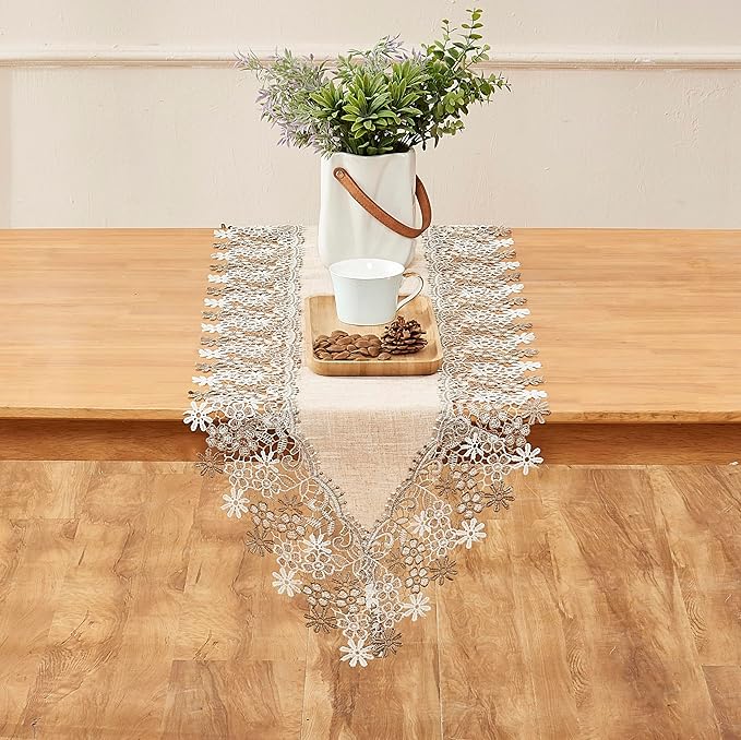 Natural Neutral Earth Tones Beige Floral Lace Table Runner Dresser Scarf 36 - Image 3