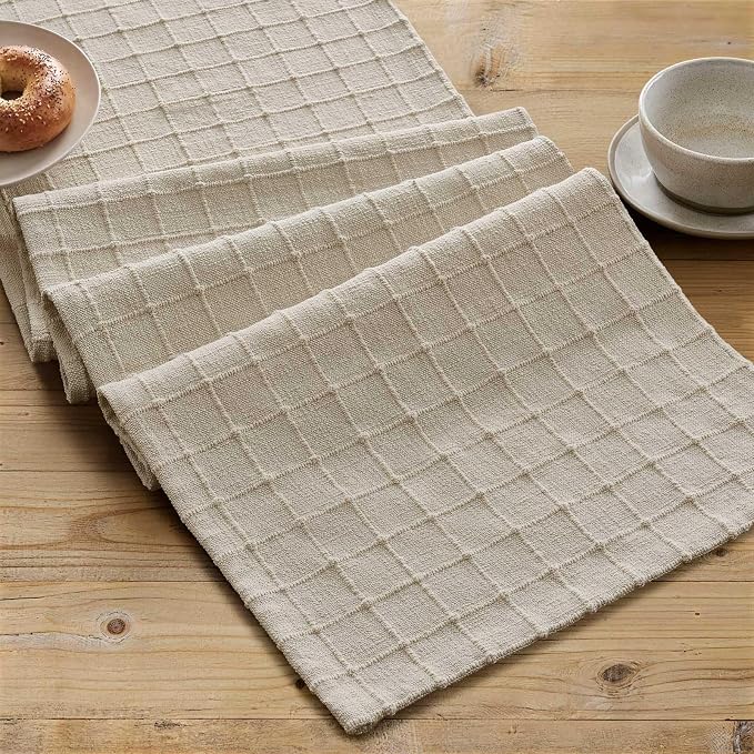 Artisanal Grid Linen Table Runner, 13x60 Inches Neutral Beige | Heavy Textured - Image 2