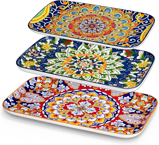 vancasso Serving Platters Set of 3, 16"/14"/12" Inch Rectangular Trays - Serving Platter Extra Large, Ceramic Bohemian Serving Dish for Entertaining Food, Microwave & Dishwasher Safe, Colorful