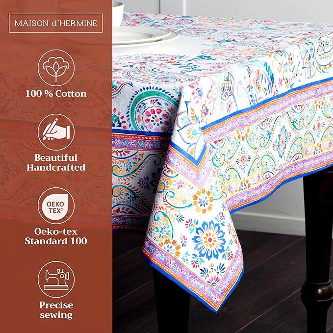 Maison d' Hermine Table Cloth Rectangle Table 100% Cotton 60 x 90 Inches Tablecloth Reusable Decorative for Dining Room Farmhouse Home Valentines Day Decorations Spring Summer - Indian Floral