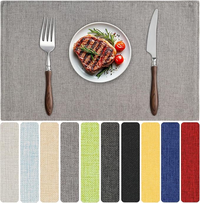 Blue Forest Placemats Set of 6, Dual-Layered Thickened Faux Linen Table Mats Heat Resistant Machine Washable Wrinkle Free Place Mats for Kitchen Dining Outdoor/Indoor (Light Grey)