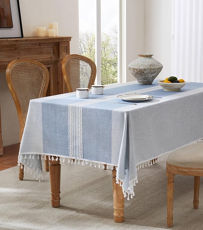 ZeeMart Contrast Linen Table Cloth Rectangle Table Cloths 60x120 Inch Mid-Stripe Blue, Farmhouse Style Heavy Weight Dusty Blue Tablecloth, Water Resistant Burlap Tablecloths