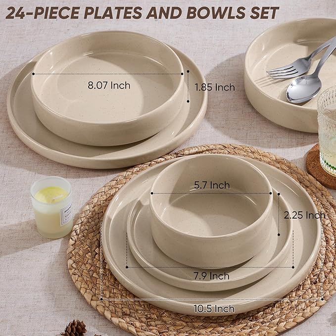 E-far Dinnerware Sets with Pasta Bowls, 24-Piece Stoneware Plates and Bowls Sets for 6 | Microwave & Dishwasher Safe Kitchen Modern Dish Set, Speckled Khaki