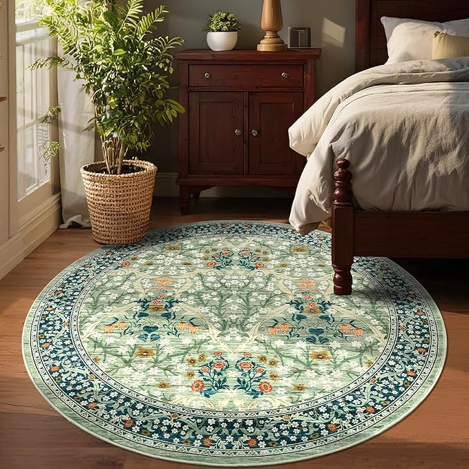 GarveeHome Sage Green Floral 6 ft Round Rug Washable Non-Slip Soft Low Pile Circle Carpet Vintage Rugs for Kitchen Bedroom Nursery Dining Living Room