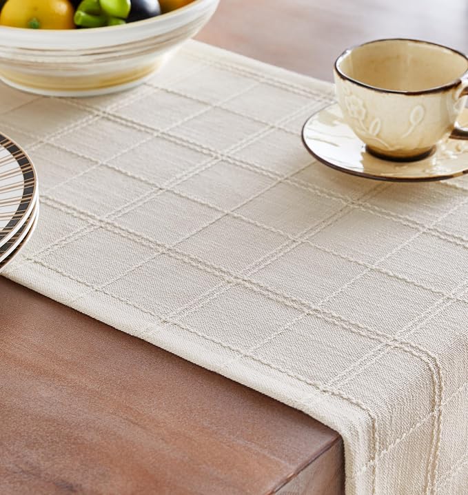 Linen Checked Farmhouse Table Runner, 13x60 Inches Ivory | Raised Grid Design - Image 5