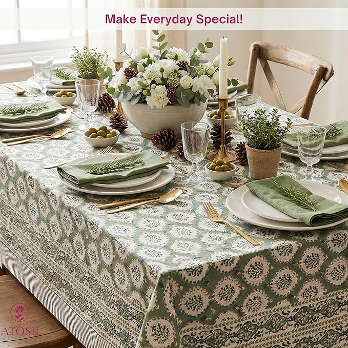 ATOSII Kari Green 100% Cotton Rectangle Fall Tablecloth, Block Print Floral Table Cloth Linen for Dining, Parties, Outdoors, Christmas, Thanksgiving, Grandmillennial Decor 60 X 90 Inches I 6 Seater