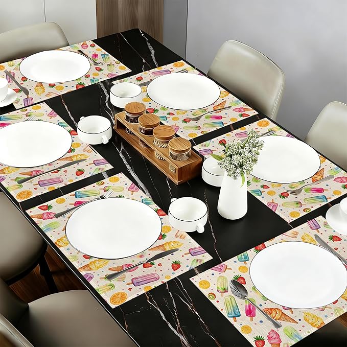 Summer Ice Cream Cloth Placemats,Fruits Popsicle Heat-Resistant Table Placemats Set of 6, Washable Linen Place Mats for Dining Room Table Decor Home Restaurant Cafes Holiday Party 11.8x17.7 Inch