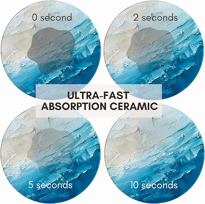 Ceramic Absorbent Coasters Set of 6 with Holder, Marble Drink Coasters for Coffee Table, Water-Absorbing Stone Coasters (Blue Waves Design)