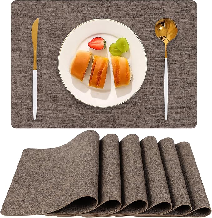 Faux Leather Placemats Set of 6, Heat Resistant Wipeable Washable Vinyl Place Mats, Waterproof Anti-Slip Dining Table Mats, Suitable for Indoor & Outdoor Use (Coffee)