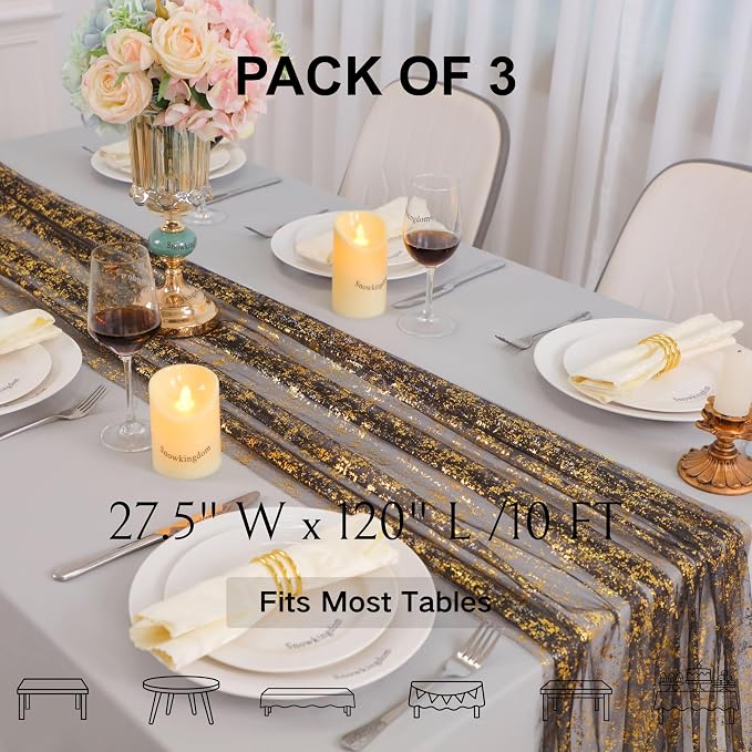 Snowkingdom 3 Pcs Black Gold Gauze Table Runner 10 FT 120 Inch, Sparkle Sheer - Image 2