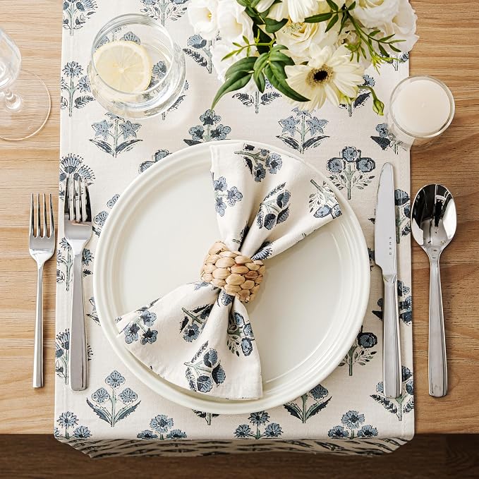 Block Print Floral Decorative Table Runners, 13x48 Inch Dusty Blue | 100% - Image 3