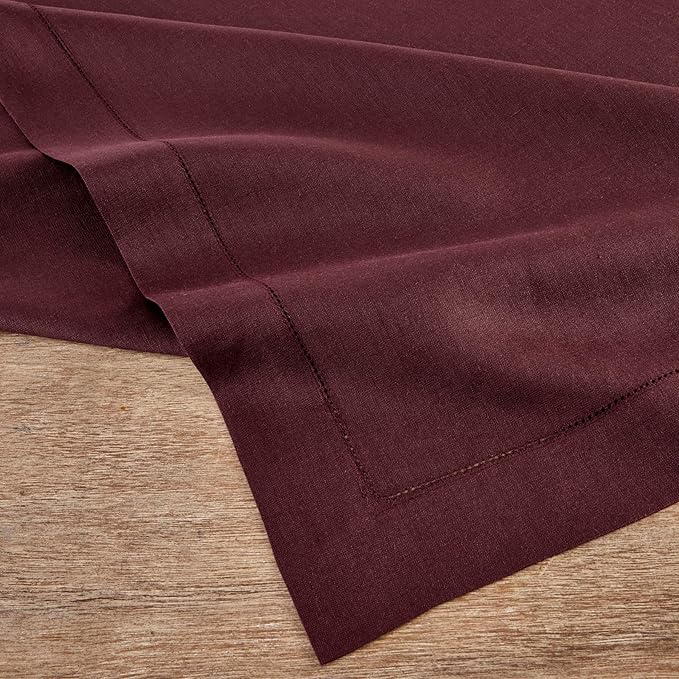 Solino Home Linen Burgundy Tablecloth 60 x 120 Inch - Classic Hemstitch, 100% Pure Linen Rectangular Tablecloth - Machine Washable Table Cloth for Winter, Valentines