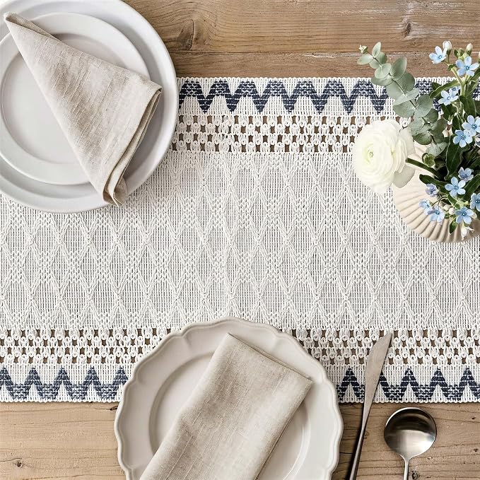 Macrame Side Trim Boho Woven Table Runner, Dusty Blue 12x72 Inch | Crochet - Image 3