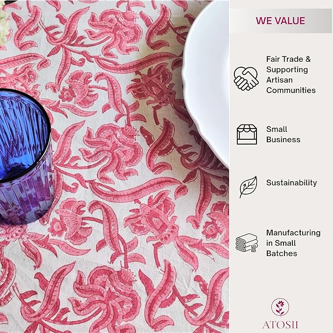 ATOSII Red Bloom 100% Cotton Tablecloth, Handblock Print Rectangle Table Cover for Kitchen Dining I Tabletop Linen I Parties, Wedding, Spring Summer Table Cloth 60 X 90 Inches