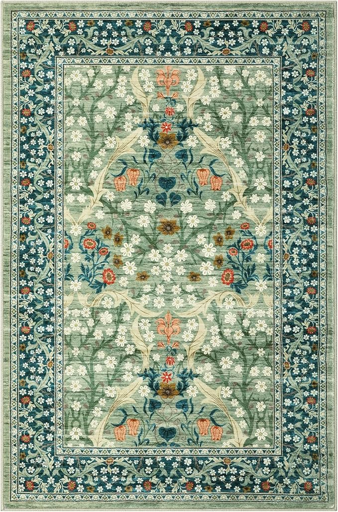 GarveeHome Floral 3x5 Area Rugs for Entryway, Washable Kitchen Rug Non Slip, Low Pile Bedroom Rug, Ultra Soft Stain Resistant Small Carpet for Laundry Room, Sage Green