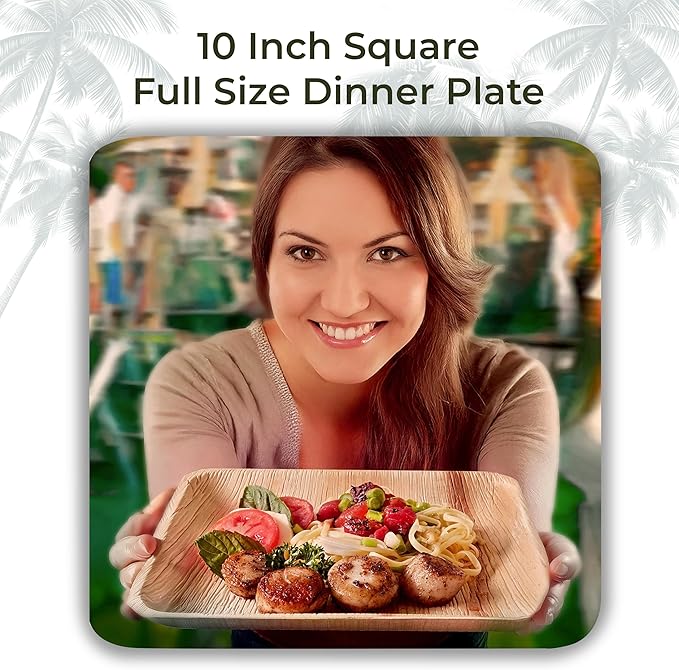 Indie Palm Disposable Palm Leaf Plates – 50 Pack 10 Inch Square – Heavy Duty, 100% Compostable & Biodegradable – Eco-Friendly Alternative to Plastic & Bamboo – Perfect for Parties & Events