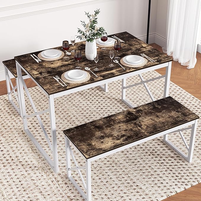 VECELO Kitchen Dining Table Sets for 4, Wood Dinette 2 Benches with Metal Frame for Dinner Breakfast Nook and Small Space, Dark Brown