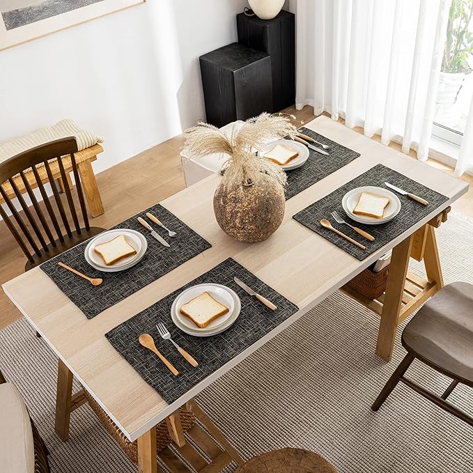 Placemats by Kevin Textile Set of 4 Heat Resistant Dining Table Place Mats Kitchen Table Mats, 13" x 19", Black Gold