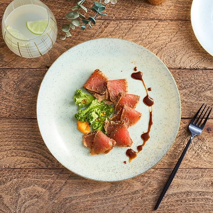 PLASTICPRO 30 Pack Disposable Plastic Plates Heavyweight Granite Look Elegant 10 inch Dinner Plates Green with Gold Rim