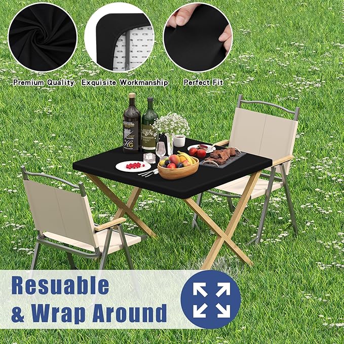 Spandex Picnic Table Cloth 2 Pack, Elastic Fitted Tablecloths for Square Tables, Stretch Washable Patio Table Cover for Outdoor, Camping, Banquet and Parties (Black, 36"x36")