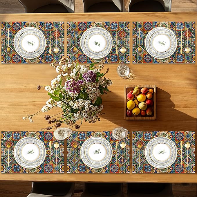 Mexican Tile Placemats Set of 6,Geometric Floral Table Mates Non-Slip Heat Resistant Washable Linen Place Mats for Party Kitchen Dining Decoration Indoor Outdoor 12"x18"