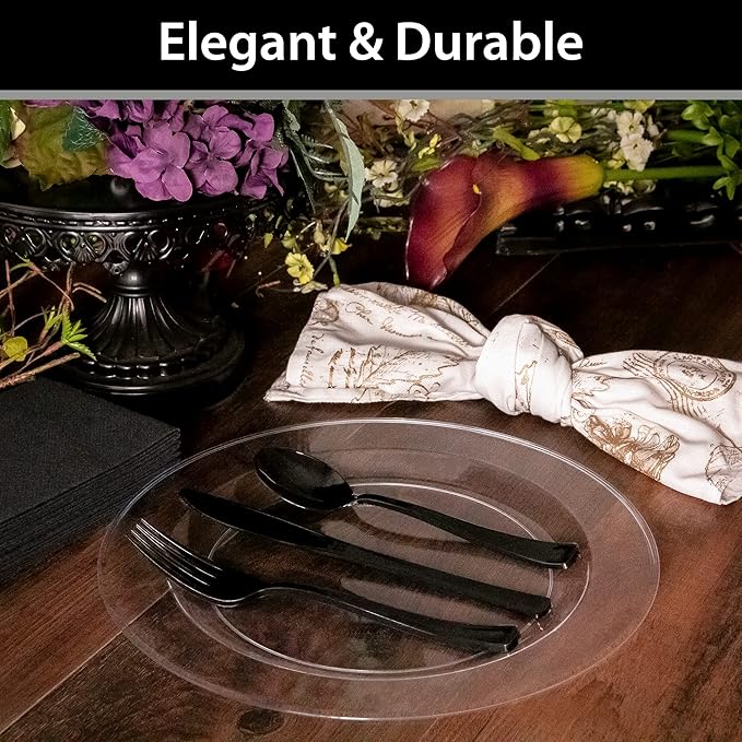 Lillian Tablesettings 120 Count Plastic Plates 10.25 inch Premium Quality Heavyweight China Like Disposable Plates, Wedding and Party Dinnerware, Crystal Clear, Value Pack 120 Count