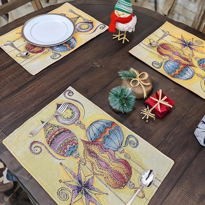 DaDa Bedding Bohemian Ornaments Tapestry Placemats - Set of 4 Festive Christmas Holiday Turkish Star Lights Lanterns - Needle Stitched Cotton Linen Woven Kitchen Dining Table Mats - 13” x 19” (14916)