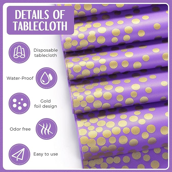Breling 24 Pack Purple and Gold Disposable Plastic Tablecloths and Satin Table Runner Set, 54 x 108 Inch Tablecloth, 12 x 108 Inch Table Runners for Wedding Graduation Birthday Baby Shower