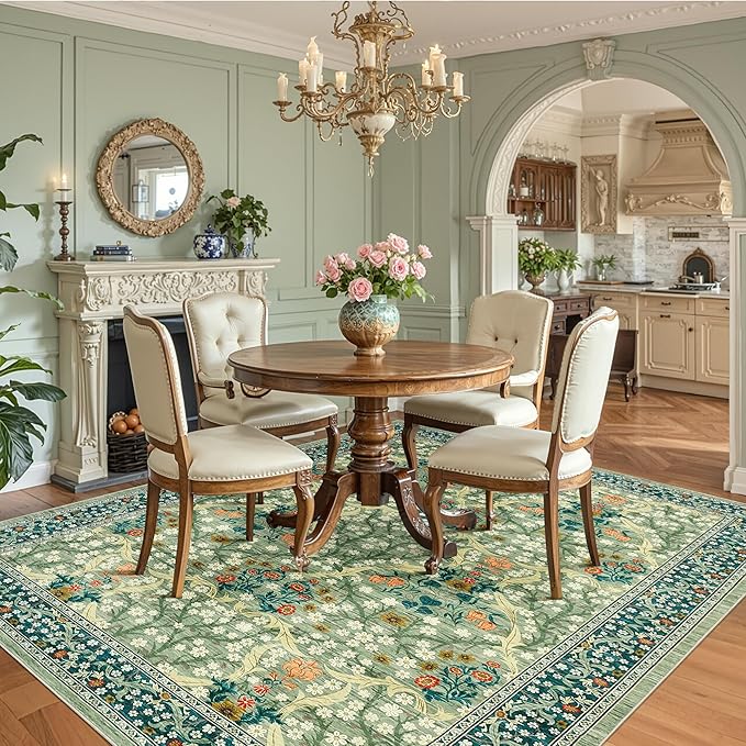 GarveeHome Washable Rug for Living Room, 9x12 Large Area Rug for Dining Room Under Table, Bedroom, Floral Soft Low Pile Non Slip Stain Resistant Carpet for Nursery, Playroom, Office, Sage Green