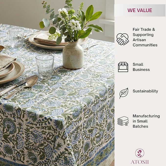ATOSII Clover Blue 100% Cotton Rectangle Spring Tablecloth, Handblock Floral Linen Table Cloth for Kitchen Dining Table I Parties Weddings Outdoors Easter Home Decor 72 X 120 Inches I 10 Seater