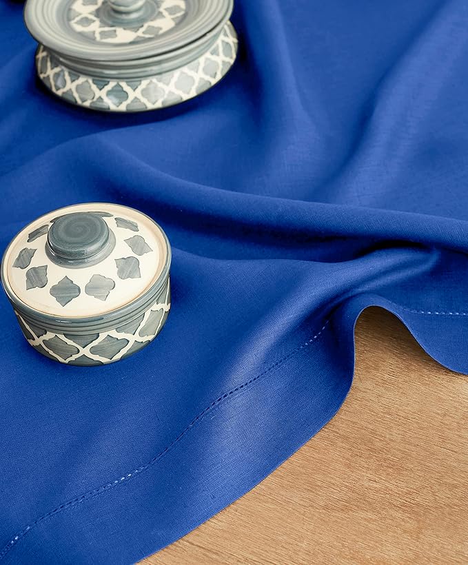 Solino Home Linen Square Tablecloth 52 x 52 Inch - 100% Pure Linen Royal Blue Table Throw - Classic Hemstitch, Machine Washable Table Cloth for Spring