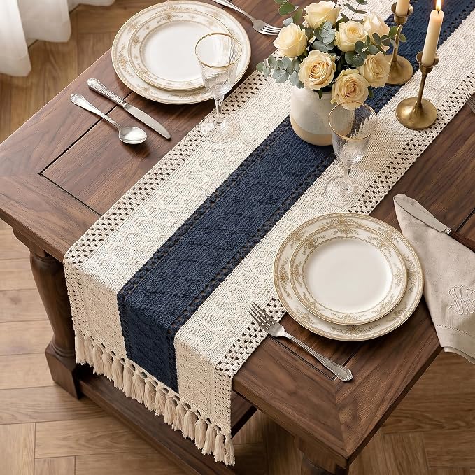 Boho Macrame Table Runner with Tassels 36in Blue Farmhouse Runner | Macrame - Image 2