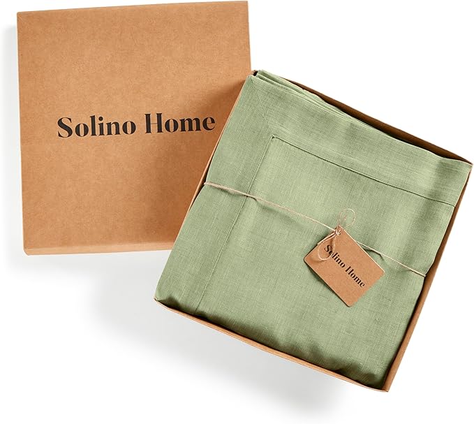 Solino Home Linen Tablecloth 60 x 132 Inch - 100% Pure Linen Chambray Olive Table Cloth for Rectangular Tables - Athena, Machine Washable Cloth Tablecloth for Spring, St Patricks Day
