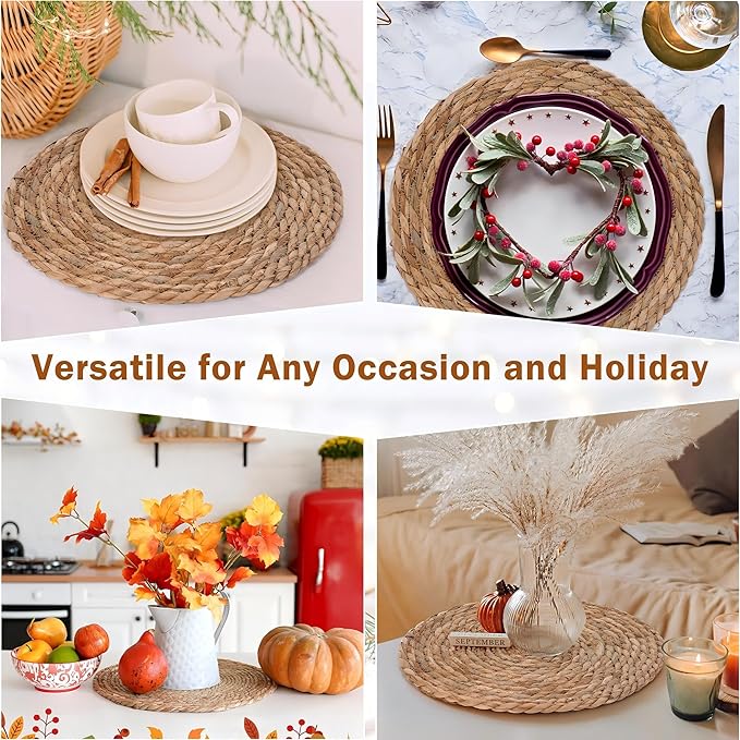 GENMOUS Woven Placemats Set of 6, 12" Round Placemats Natural Water Hyacinth Boho Placemats, Farmhouse Rattan Chargers for Dinner Plates, Rustic Braided Wicker Table Mats for Dining Table,Home,Wedding