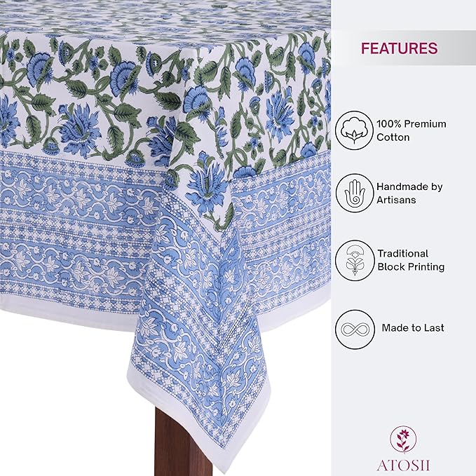 ATOSII Taj 100% Cotton Summer Tablecloth, Block Print Floral Square Table Cloth for Dining Table I Parties Wedding Outdoors, Grand Millenial Decor 60 X 60 Inches I 4 Seater I